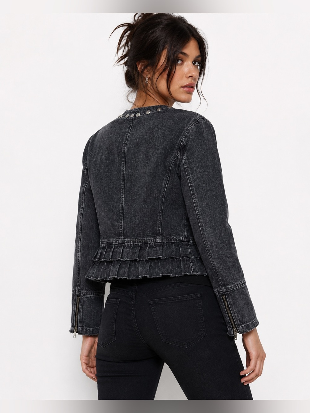 Y2K Grunge Denim Peplum Jacket Rivet Trim Tiered Ruffle Hem XL